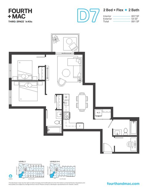 Floor plan for 2 beds, 2 baths, 837 sqft